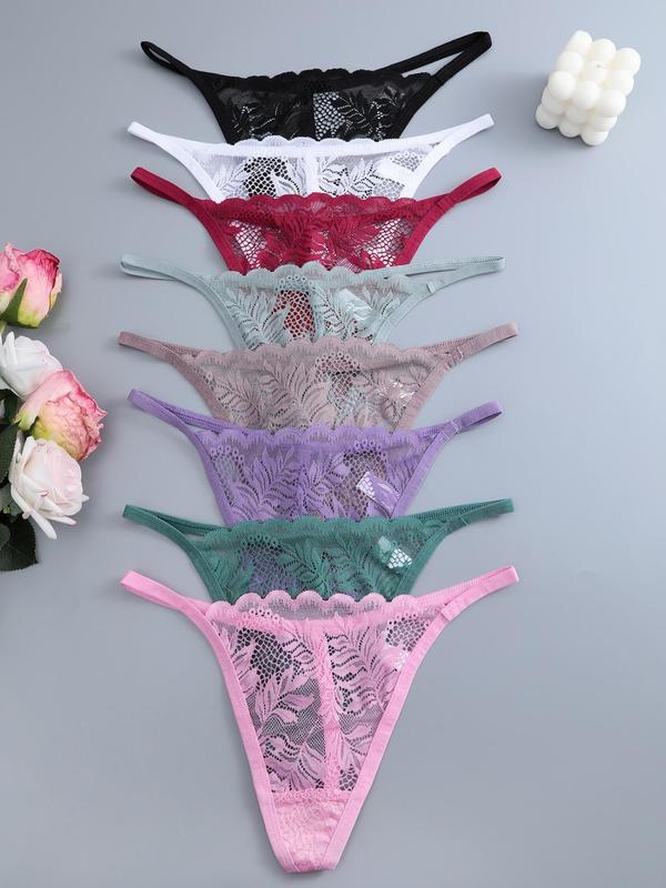 Women's Solid Color Sheer Lace Thong, Soft Comfy Breathable Drop Waist Panty for Daily Wear, Women's Underwear for All Seasons
